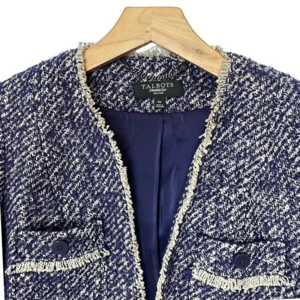Talbots‎ Tweed Blazer 4P Blue White Frayed Fringe Open Front Wool Mohair Alpaca
